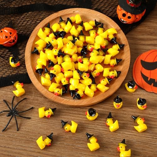 JUNEBRUSHS 50 Pcs Halloween Mini Resin Duck, Tiny Witch Ducks Miniature Witch Hat Duck Figurine for Halloween Crafts Home Table Decorations