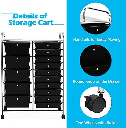 GOFLAME 15-Drawer Rolling Storage Cart, Craft Storage Cart with Removable Drawers & Lockable Wheels, Art Cart Supply Storage Organizer for Home Office Classroom, Black