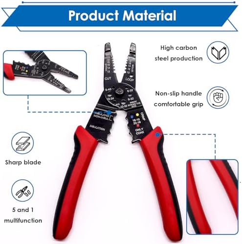 smseace Red Wire Crimping tool Wire crimper,stripper and cutter for insulated/Bare/Heat Shrink connectors(22-10 AWG) Multifunctional Cable Stripper and Crimping tool