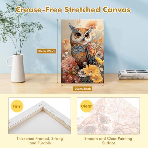 Bowetile Paint by Numbers Owl Kit for Adults, Framed Painting by Numbers Animal, Adults' Paint-by-Number Kits on Canvas, Acrylic Flower Number Painting Gifts for Home Wall Decor, 8x12in