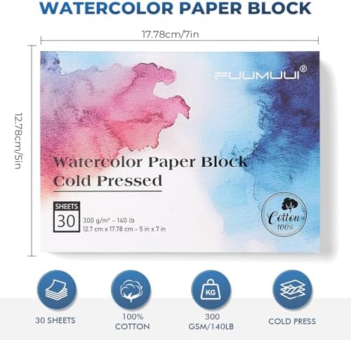 Watercolor Paper Block 5x7 Inch, Fuumuui 100% Cotton Watercolor Paper Pad of 30 Sheets, 140lb/300gsm, Acid-Free Cold Pressed Art Paper for Painting, Drawing, Art Journaling, Wet, Mixed Media