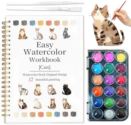Easy Watercolor Workbook for Beginners - 12 Beautiful Step-by-Step Paintings Water Coloring Book, Includes 18 Colors Paints, Relaxing Art Projects and Creative Gift for Adults & Teen (Cats)