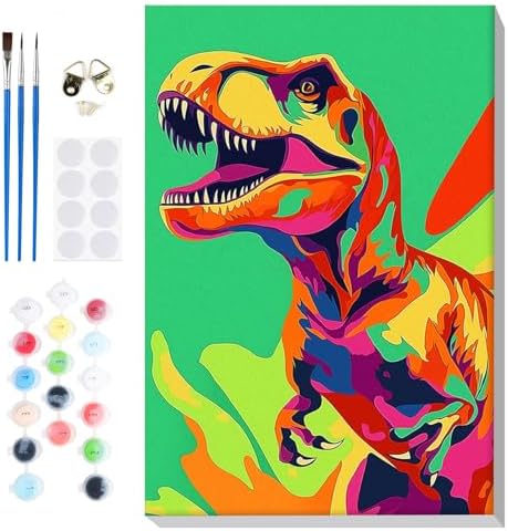 Bowetile Framed Cartoon Paint by Numbers for Kids Beginners, Dinosaur Paint by Numbers for Kids Ages 8-12, Kids Paint by Number Kits on Canvas, DIY Acrylic Number Painting for Home Decor, 8x12in