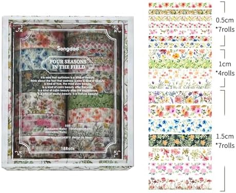 18 Rolls Seasons Flowers Washi Tape Set Floral Arts Adhesive Tapes Blooming Garden Decorative Masking Tape Sets for Craft, Kids, Scrapbook, DIY, Gift Wrapping (Spring)