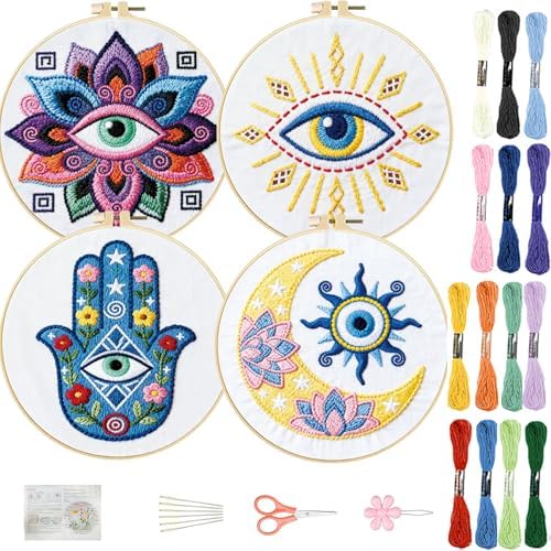 FREEBLOSS 4 Set Embroidery Kit Hamsa Pattern Stamped Embroidery Starter Kit with Step by Step Instructions, Colored Threads, 2 Hoops, Needlepoint Kits for Hand Craft Lovers Gift, 30cm/11.8inch