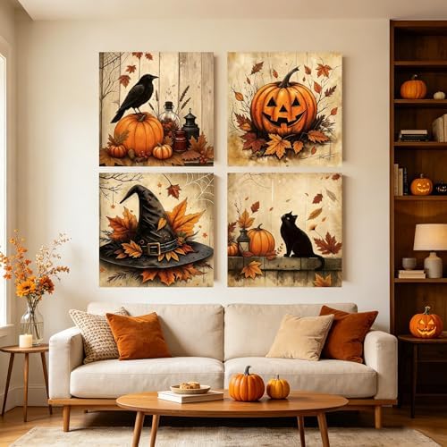 KYOQFVN 4 Pack Paint by Numbers Kit for Adults with Frame - Pumpkin Halloween Paint by Number - Witch Hat Painting by Number Kits, DIY Acrylic Oil Painting Kits for Home Wall Decor (8X8inch)