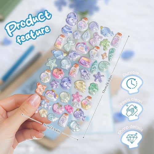 Cute Stickers Blue Ocean Theme Puff Stickers with Glitter Kawaii, Jellyfish, Conch, Shell, Small Fish 3D Puffy for Scrapbooks Planner Journals Laptops Phone Case Decoration Laptops Phone Case DIY