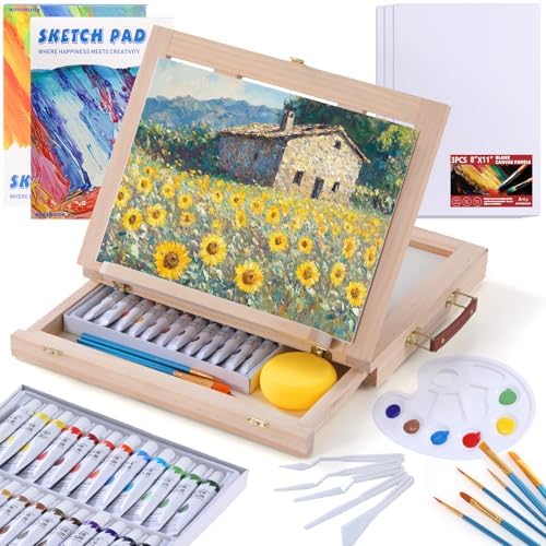 54 Pieces Complete Acrylic Paint Set with Portable Wooden Tabletop Easel