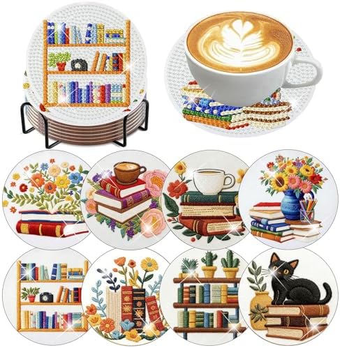 8 Pack Diamond Art Coasters,Bookshelf Diamond Painting Coasters Kits