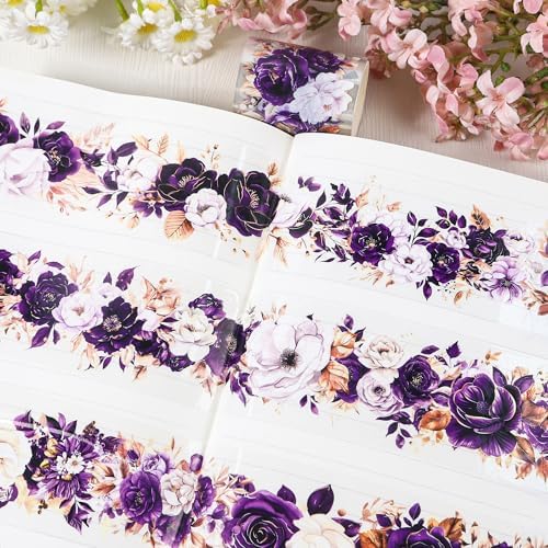 Sitsink PET Tape for Journal Scrapbooking - Golden Purple Flower Junk Journal PET Tape Scrapbook Decor Supplies Crafts Book Bottle Décor