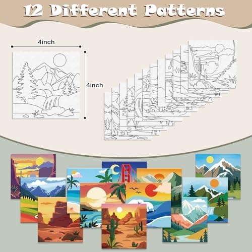 Anseal 12 Packs Pre Drawn Canvas to Paint, 4" X 4" Landscape Pre-Printed Canvas Paint Party for Adult, Stretched Outline Painting Boards for Beginners, Party Favor