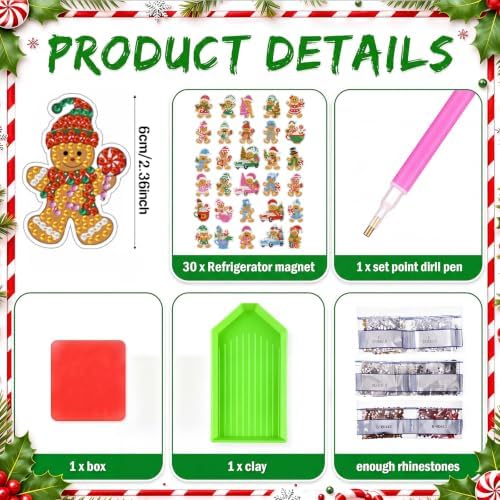 Motipuns 30 Pcs Diamond Magnets,Christmas Gingerbread Man,Light Brown