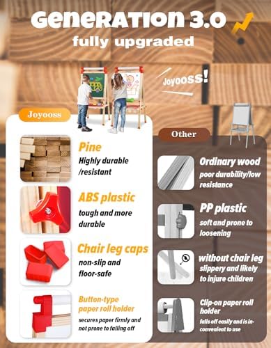 JOYOOSS Kids Wooden Easel with Paper Roll - Adjustable Magnetic Double Sided Drawing Board Whiteboard & Chalkboard Dry Easel Board,Children Art Easel for 3~12 Years Kids Boys Girls Painting Drawing