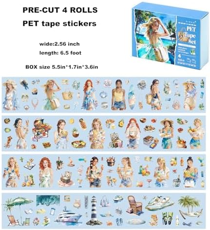 4 Rolls Summer Beach PET Tapes Pre-Cut Tape People Stickers | Transparent journaling Tape Sticker Sticker Rolls for Scrapbook Tape Decorative