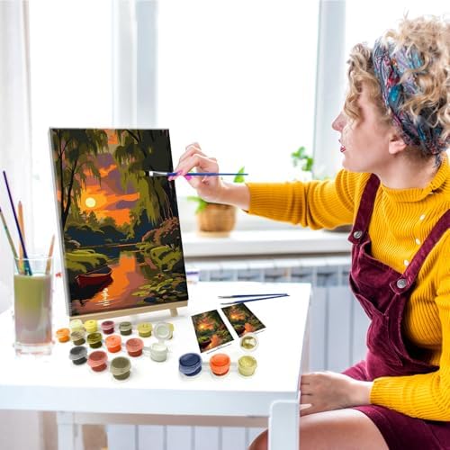 JOOZ Landscape Paint by Numbers Kit for Adults with Frame Sunset Paint by Number with Easel Boat Adult Paint by Number Kits Framed Canvas Boat Oil Painting Kits for Home Wall Decor 8x12 Inch