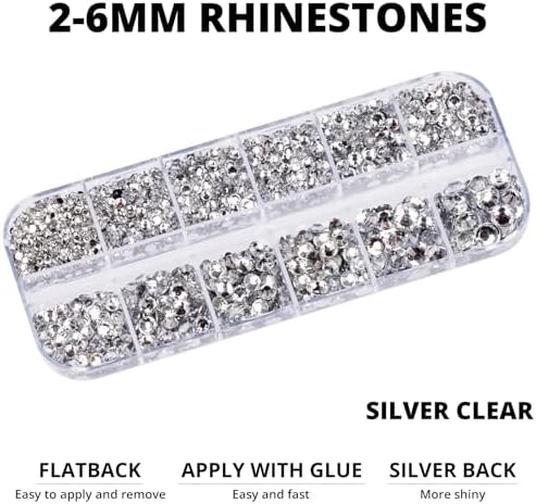 6500Pcs Silver Clear Rhinestones for Bedazzling, Bedazzler Kit with Flatback Craft Rhinestones Bulk and B7000 Glue, 2,3,4,5,6mm Resin Flat Back Crystals for Craftings, Crafts, Clothes, Shoes, Nails