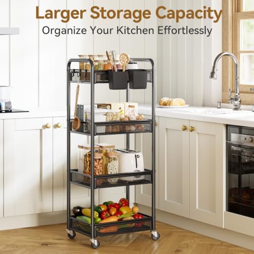 YASONIC 4 Tier Rolling Cart – Rolling Storage Cart with Wheels | Multi-Functional Utility Cart Storage Cart for Living Room, Kitchen, Office, Bathroom, Movable Storage Organizer with Wheels