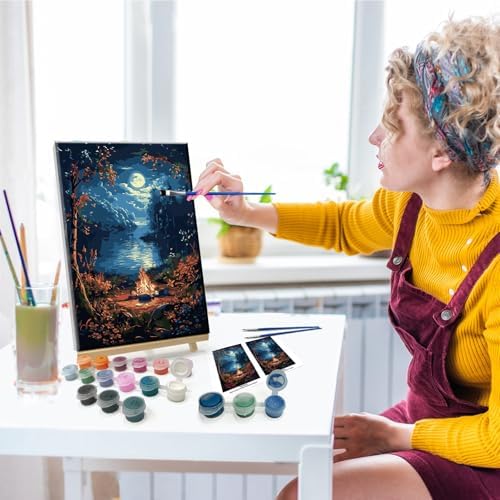 JOOZ Landscape Paint by Numbers Kit for Adults Beginner with Easel Moon Paint by Number on Canvas with Frame DIY Acrylic Painting for Ideal Gift Home Wall Decor 7.87x11.81 Inch
