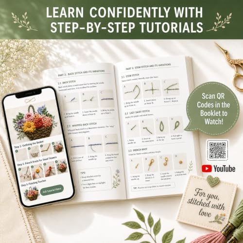 Cikeela Embroidery Stitch Book Beginner with Fabric Pages, 31 Essential Stitches in Structured Learning Order for Adults, DIY Sewing Kit with Floral Motifs, Practice Patterns EmbroideryStitch Book Kit