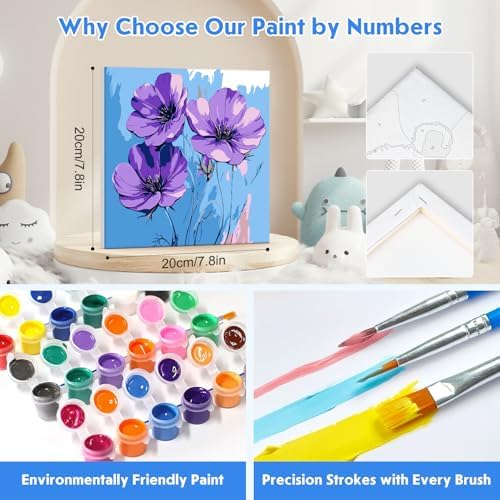 NEWENMO 4 Pack Paint by Numbers for Adults with Wooden Framed, Blue Flowers, Paint by Number Kits on Canvas for Beginner, DIY Acrylic Oil Painting Kits for Home Decor 8x8 inch, Beautiful Flowers