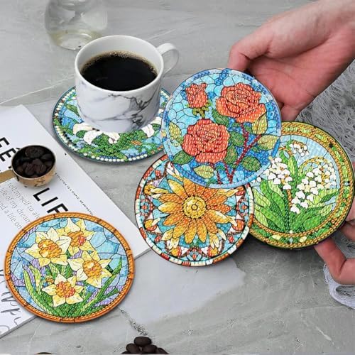 ijbnhd 8 PCS Flowers Diamond Art Coasters (Cork Wooden Pad)
