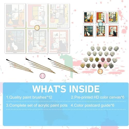 Jethami 6 Pack Paint by Numbers Kit for Adults Cats 8 x12in | Easy to piant for beginners, Diy art craft, Relaxing & Stress relief, High definition canvas, Home wall decor, Vivid colors