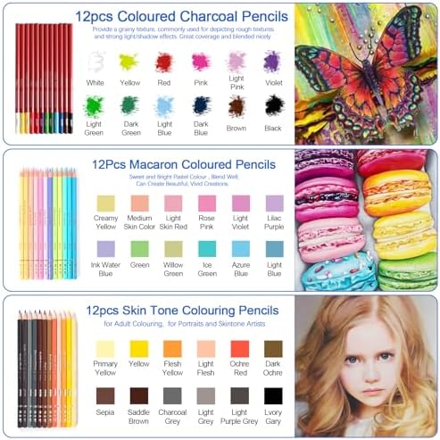 H & B Art Supplies, 72 Pack Drawing Supplies for Adults, Drawing Kit with Drawing Book, Coloring Book, Watercolor, Metallic Charcoal Macaron Oil-Based Coloured Pencils for Artists