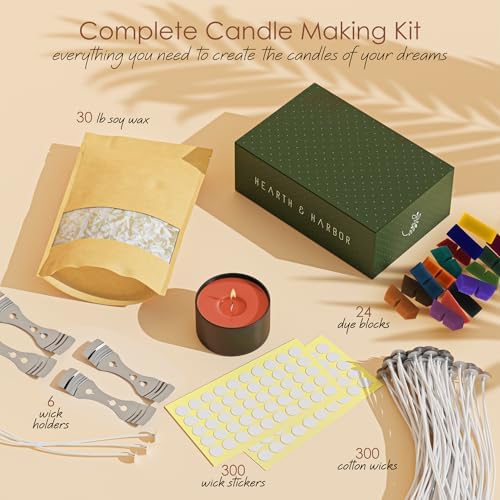 Hearth & Harbor Natural Soy Wax and DIY Candle Making Supplies - 30 Lbs Soy Candle Wax Flakes, 24 Candle Wax Dye Blocks, 300 Cotton Wicks, and 6 Metal Centering Device