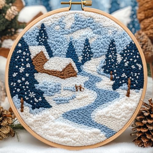 DIY Punch Needle Kits Winter Snow Christmas Scenery with Hoop 20x20cm-1