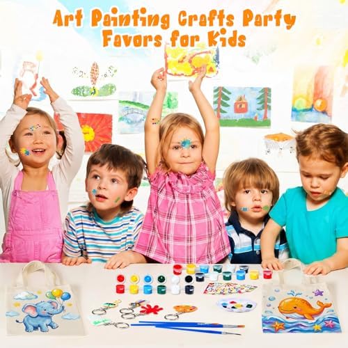 Blueweenly 24 Sets Paint Party Favors Mini Canvas Tote Bags Painting Kit 8" x 8" Color Your Own Canvas Tote Bag Decorating Kit with Paints Palette Brush Keychains for Kids DIY Art Party Classroom