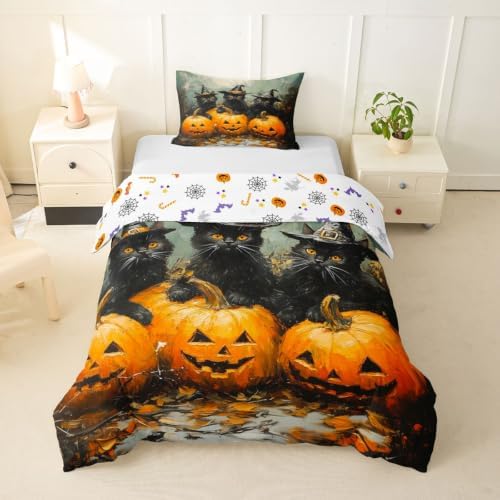 Erosebridal Halloween Black Cat Duvet Cover Twin Size Witch Hat Pumpkin Bedding Set for Kids Boys Girls Horror Halloween Comforter Cover Vintage Oil Painting Bedclothes Room Decor
