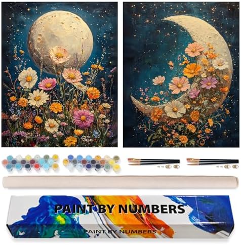 Possoco 2 Pack Paint by Numbers Kit for Adults Beginner, Moon Flowers Adult Paint by Number Kits on Canvas, DIY Acrylic Number Painting for Adults for Home Decor Gift 16x20 Inch