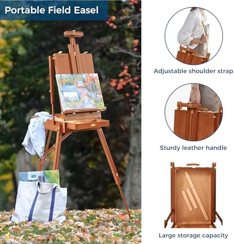 VISWIN French Easel for Painting with Palette, Shoulder Strap & Storage, Adjustable Beech Wood Travel Art Easel Stand, Portable Sketchebox Plein-Air Easel for Adults, Artists, Table Top & Floor Use