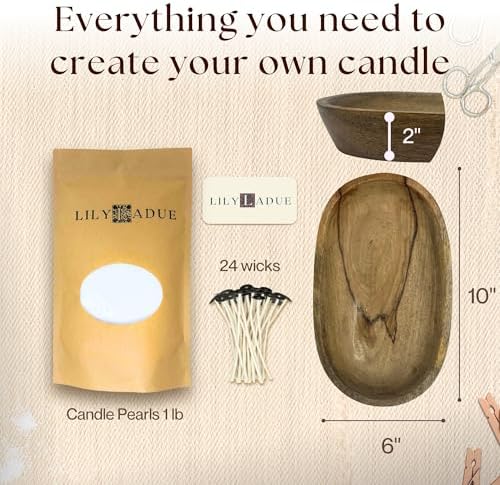 LILY LADUE Sand Candle Kit - 1Lb/16Oz Pearled Candles Sand and Wicks (24) with Wood Holder, Unscented Aroma Beads, Reusable Pearled Candle Wax for DIY Home Kit, Powder Beads Refill Available