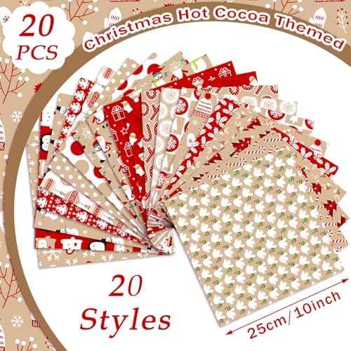 HunnmingRe 20 Pcs 10''x10'' Christmas Hot Cocoa Quilting Fabric Square Santa Snowflake Precut Quilted Fabric Bundle Candy Cane Snowman Printed Sewing Material for Winter Patchwork DIY Craft Supplies