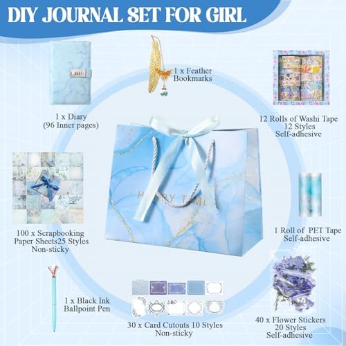 Janlaugh DIY Journal Diary with Lock Pack Scrapbook Kit, Blue, Cute | Stationery Diary Supplies, Scrapbook Supplies Art Crafts Kit for Birthday Holidays Ideal Gifts, Feather Bookmark Stickers