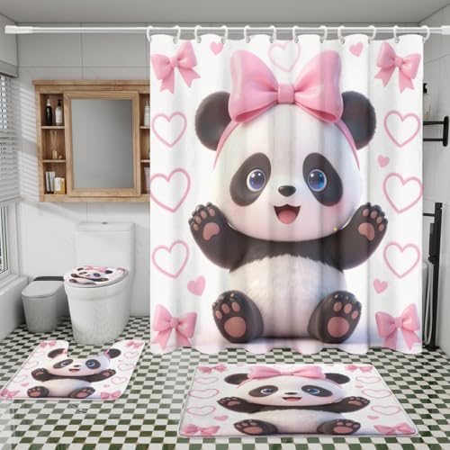 Girls Cute Baby Panda 4Pcs Shower Curtain Sets,Cartoon Lovely Animal Panda Bears Bathroom Decor Set,Princess Style Pink Bow Kawii Toilet Lid Rug, Bath Mat and Contour Mat