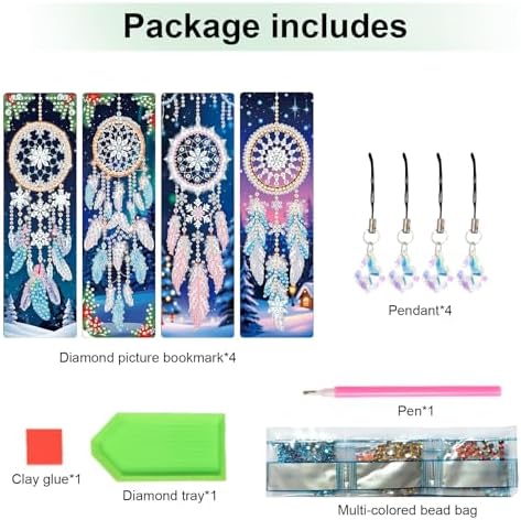 4 Pieces 5D Diamond Painting Bookmarks for Adults, Dreamcatcher Rhinestone Bookmarks with Tassels, DIY Handmade Diamond Art Bookmark Craft Kit, Unique Book Marks Set for Book Lovers