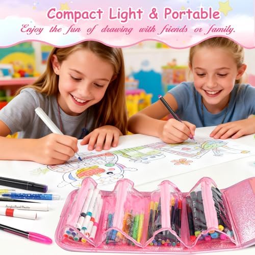 SHXWELL 69 PCS Initial Washable Scented Markers Set with Glitte Pencil Case Shoulder Strap, Personalized Art Supplies and Crafts for Kids Ages 4-6-8, Birthday Gifts for Girls Coloring Markers Set (S)