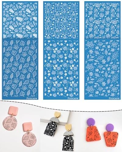 Puocaon Fall Clay Silk Screen - 6 Pcs Silk Screen Stencils for Polymer Clay Earrings Jewelry Making Pine Tree Autumn Leaves