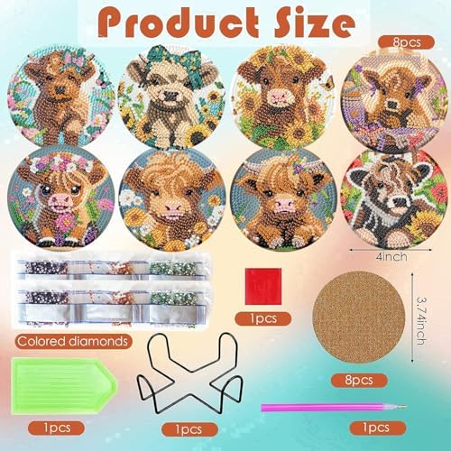 ijbnhd 8 Pack Highland Cow Diamond Art Coasters Kits
