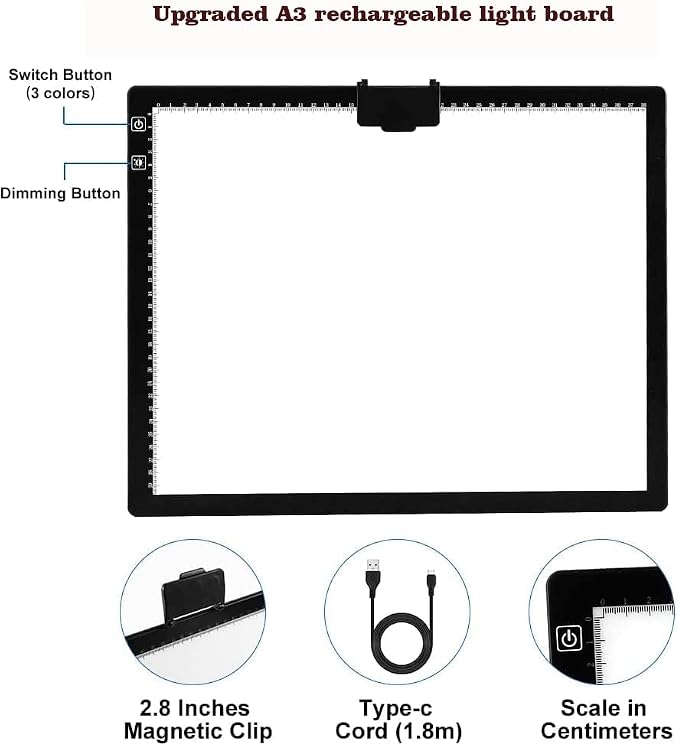 YINGWOND Rechargeable A3 LED Light Pad with Carry Bag, Adjustable Brightness Light Box with 3 Colors, Built-in Stand, 2500mAh Battery, Magnetic Clip, Light Board for Tracing Diamond Painting Sketching