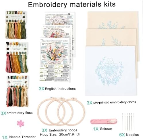 Harimau Beginner Adult Embroidery Kit, All-in-One Starter Pack with 3 Patterns, 3 Hoops, Scissors, Needles, Instruction Manual & Stitching Video Guides