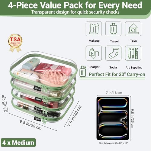 YQBRAO Clear Hard Shell Zipper Cases, 4 Medium Makeup Organizers, Green