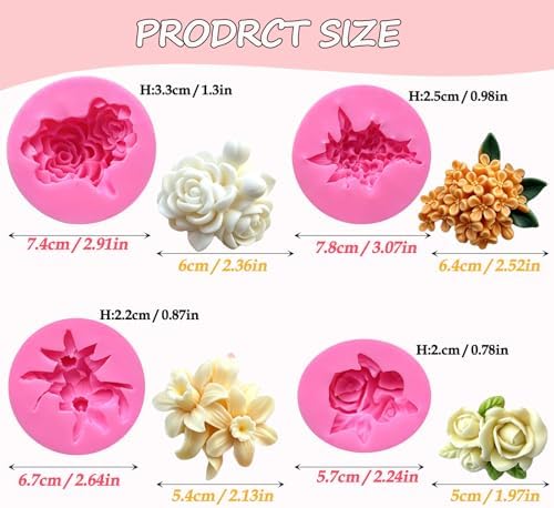 4 Pcs Flower Silicone Molds, Flower Candle Molds for Candle Making,3D Floral Silicone Resin Mold Rose Gardenia Fondant Mold for Chocolate Cake Decorating Soap Wax Resin Crafts