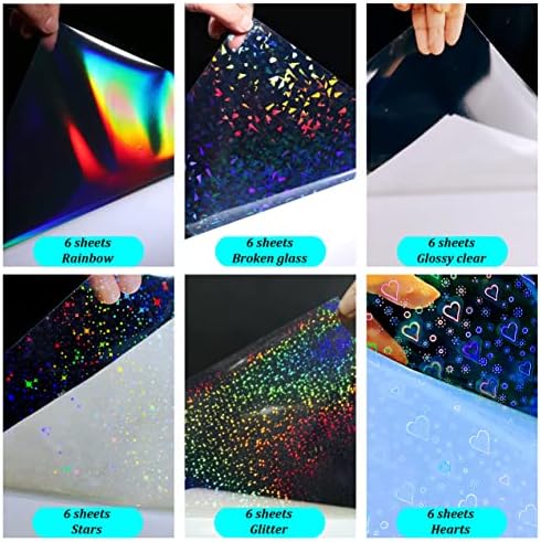 36 Sheets Holographic Sticker Paper Clear Laminating Sheets Adhesive Paper | Transparent Waterproof Rainbow Vinyl Sticker Paper A4 Size Holographic Laminate Sheets for DIY Crafts, with 6 Styles Mixed