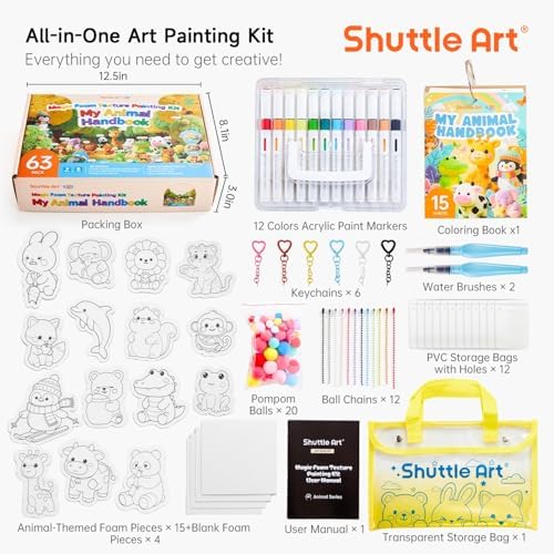 Shuttle Art 63 Pcs Magic Foam Texture Painting Kit Animal Series: 15 Animal Foam Pieces, Coloring Book with 15 Scenes, 12 Acrylic Paint Markers, Magical 3D Effect DIY Art Craft