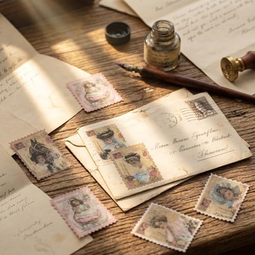 60pcs Vintage Postage Stamp Stickers, Aesthetic Classical Beauty Deco Paper Sticker for Scrapbooking, Journaling Supplies, Planners, Kid DIY Art Crafts