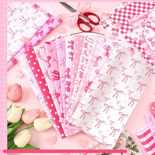 HunnmingRe 20 Pcs 10''x10'' Coquette Pink Bow Quilting Fabric Squares