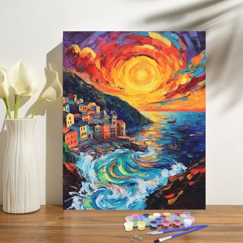 Sunset Paint by Numbers Kit for Adults Beginner Cinque Terre Italy Oil Painting Kit Adult Paint by Number Kits on Canvas DIY Painting for Beginners Art by Numbers for Gifts Home Wall Decor 16x20 Inch﻿